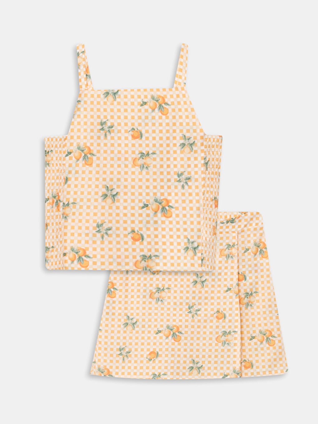 Square Collar Patterned Strap Girls' Blouse and Short Skirt