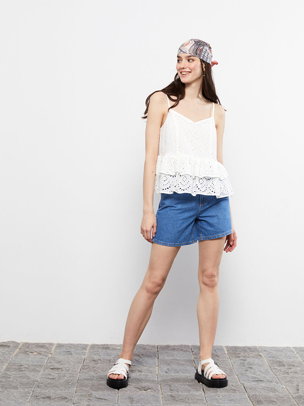 V-Neck Self Patterned Halter Crop Women's Cotton Blouse