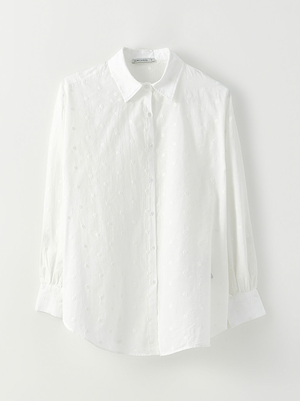 Beyaz Önden Düğme Kapamalı Puantiyeli Uzun Kollu Poplin Kadın Gömlek-5