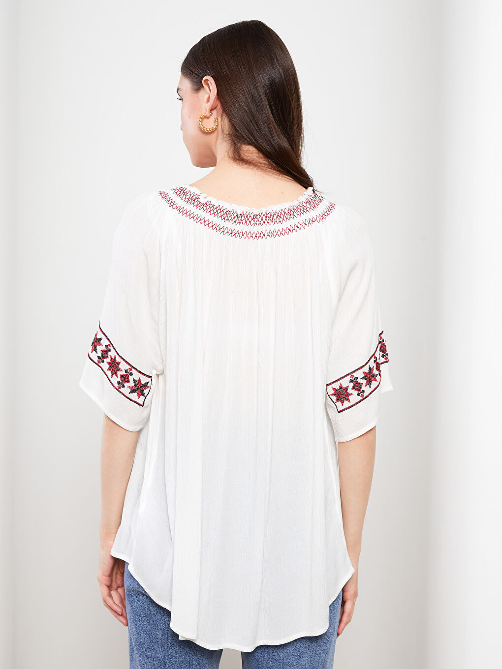 Вратовръзка Бродирана Къс ръкав Набръчкано Блуза за жени-5