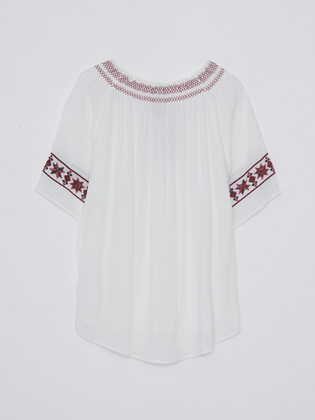 Вратовръзка Бродирана Къс ръкав Набръчкано Блуза за жени-7