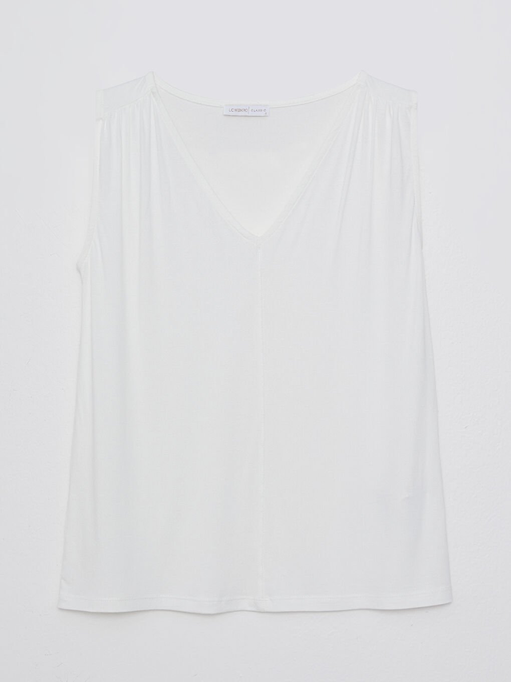 Ekru V Yaka Düz Krep Kadın Atlet-4