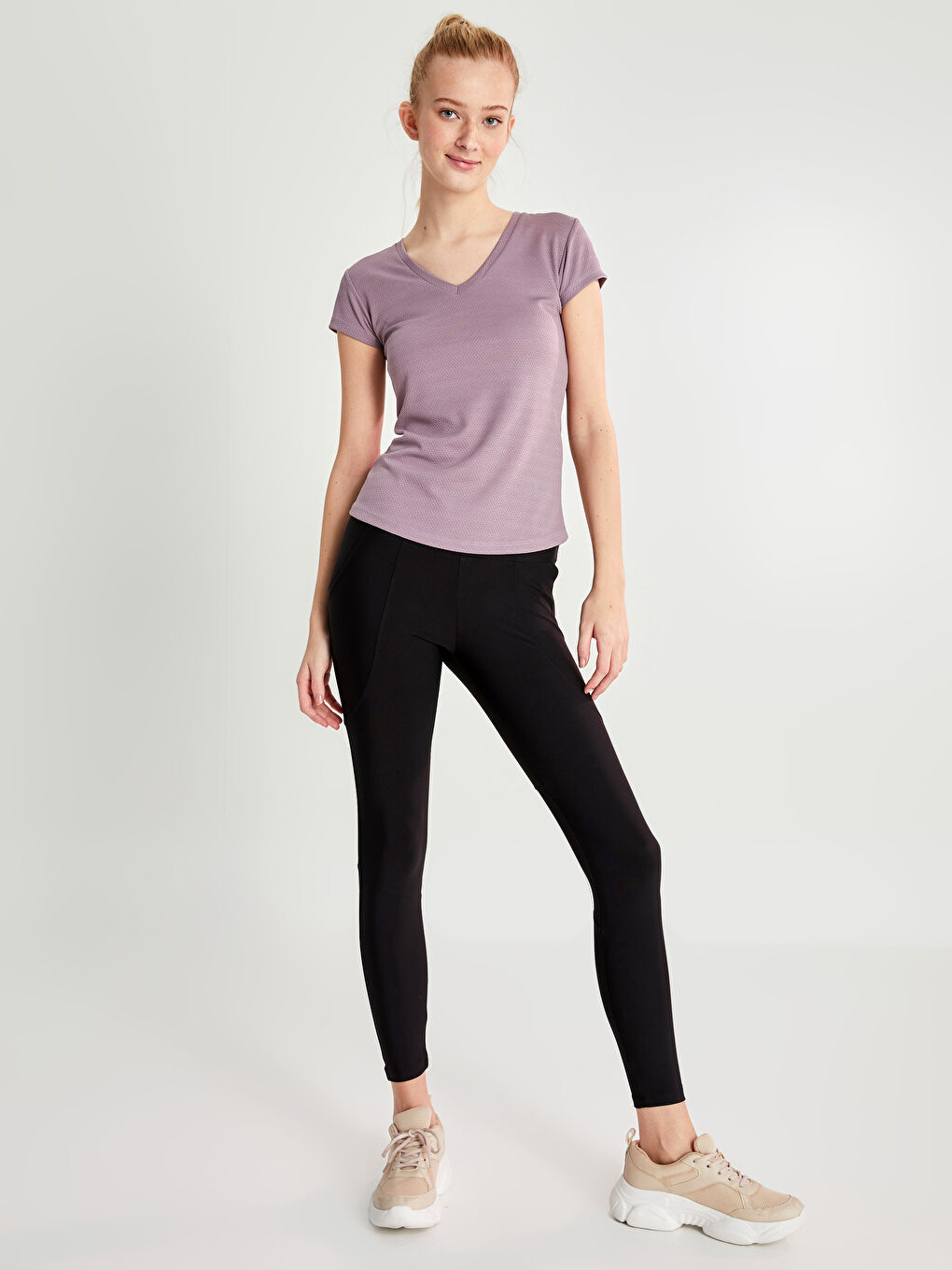 XSIDE ACTIVE V-Neck Self Patterned Short Sleeve Women's Sports T-Shirt -S2HK24Z8-QUF