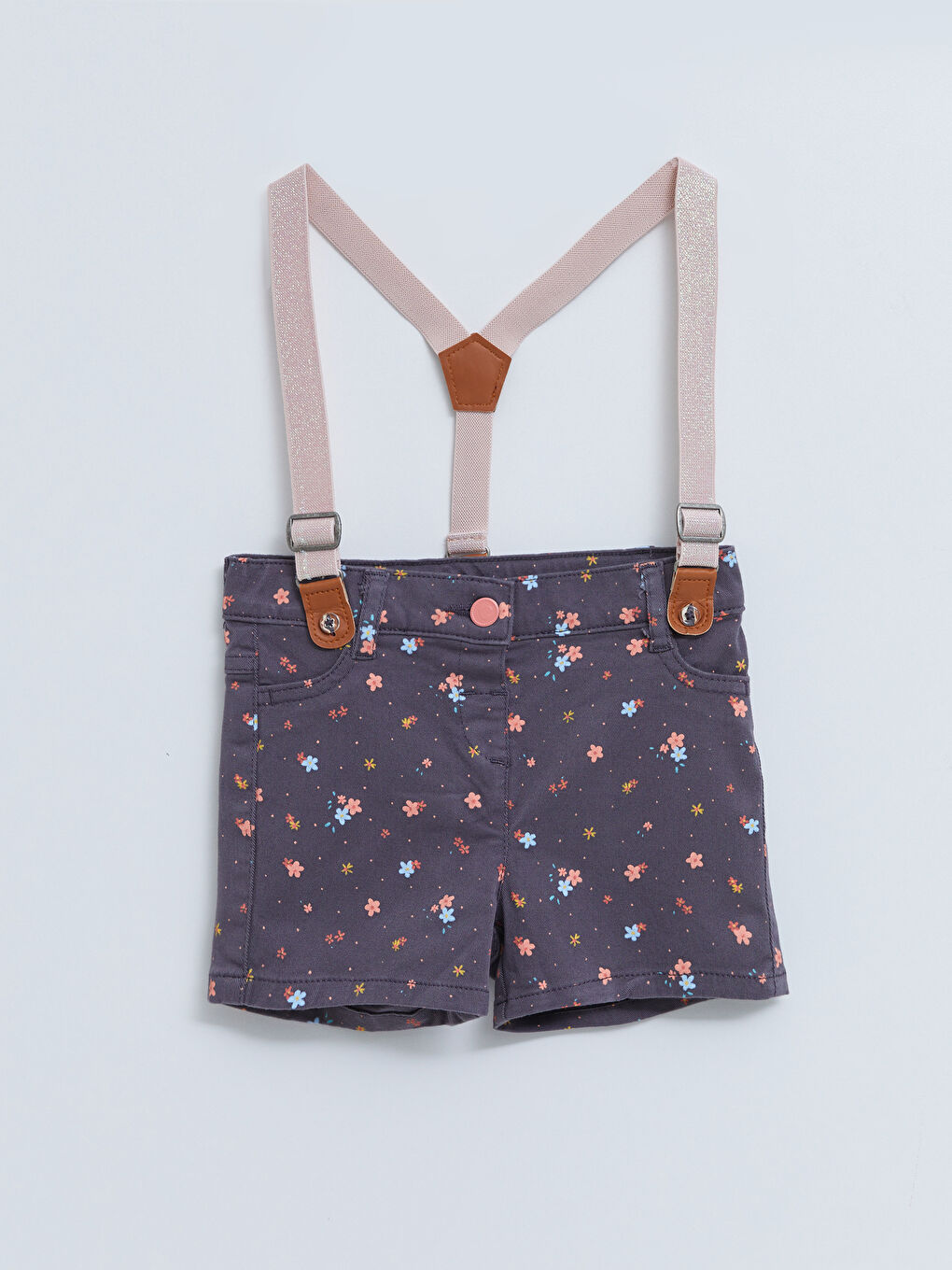 Antrasit Baskılı Kız Bebek Şort ve Pantolon Askısı 2'li Takım