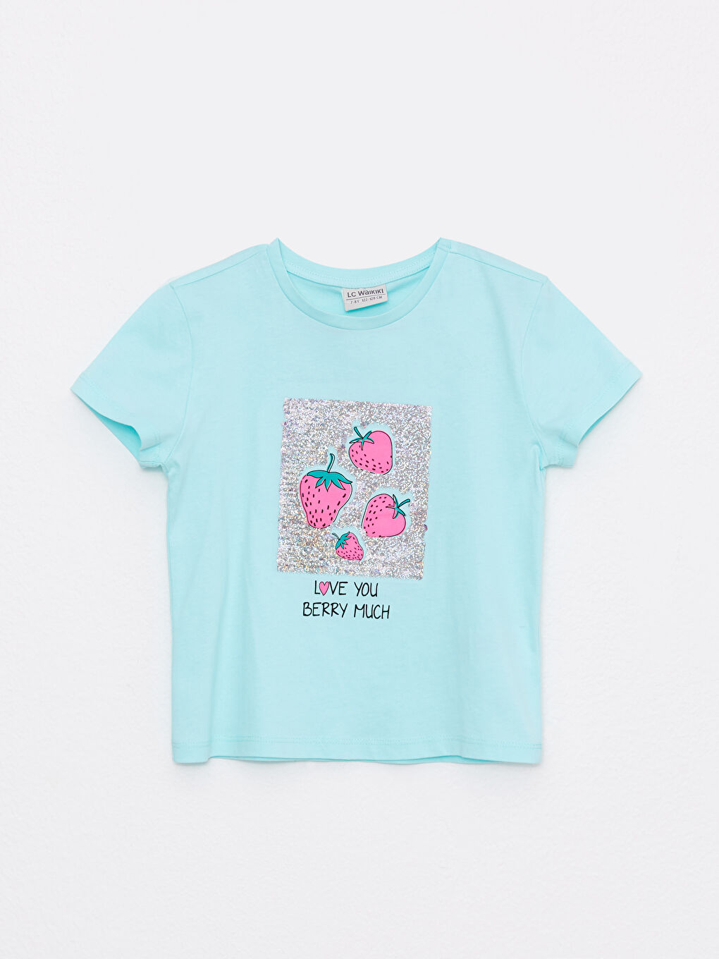 Turkuaz Bisiklet Yaka Baskılı Çift Yönlü Payetli Kısa Kollu Pamuklu Kız Çocuk Tişört-1