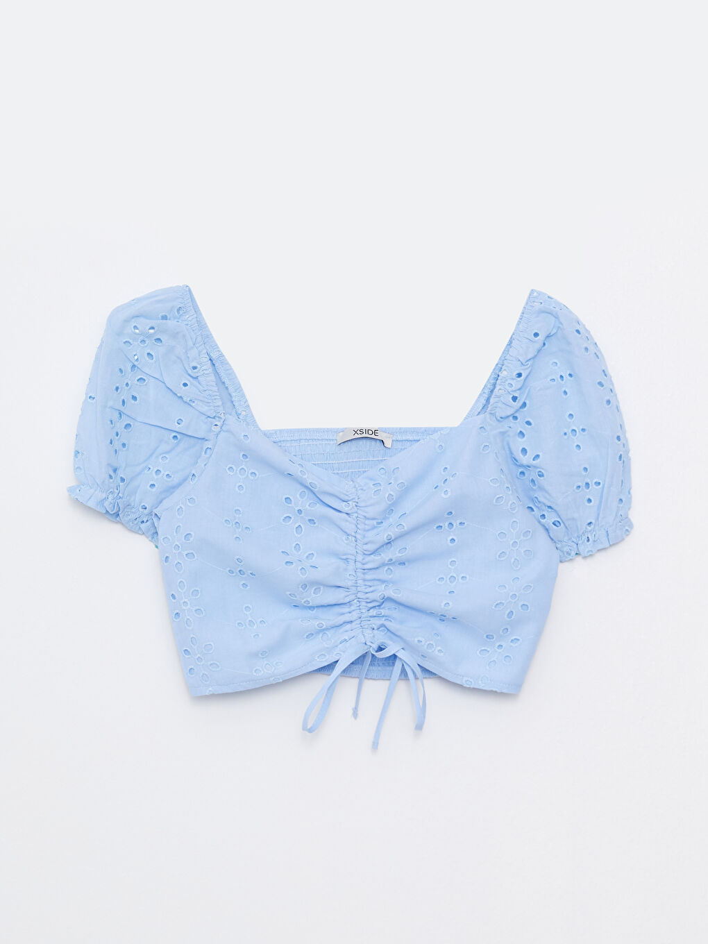 Heart Collar Patterned Short Sleeve Crop Brode Women's Blouse-5