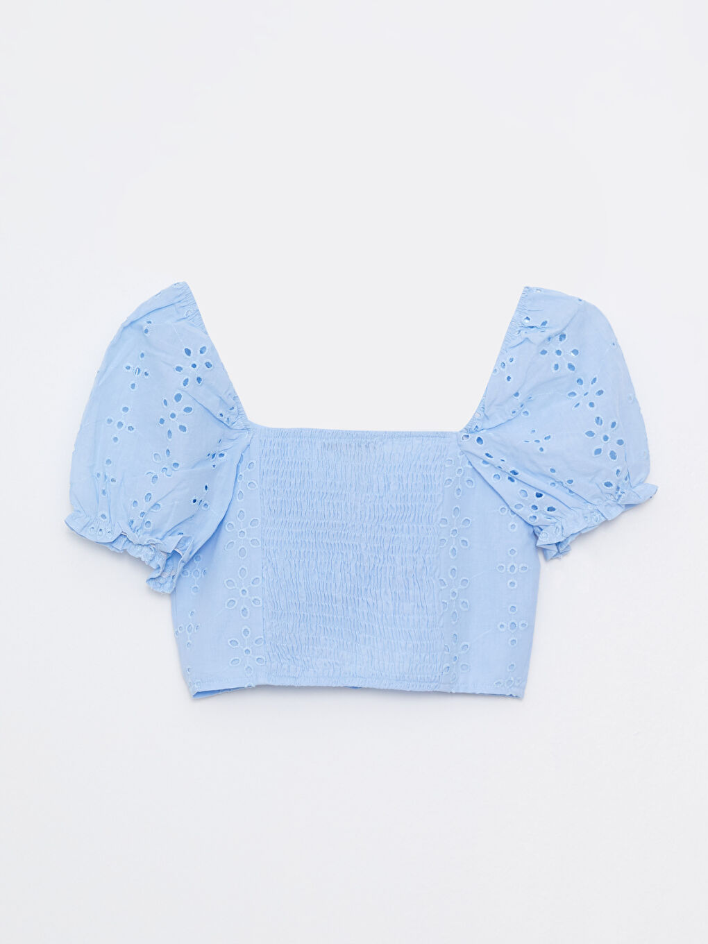 Heart Collar Patterned Short Sleeve Crop Brode Women's Blouse-6