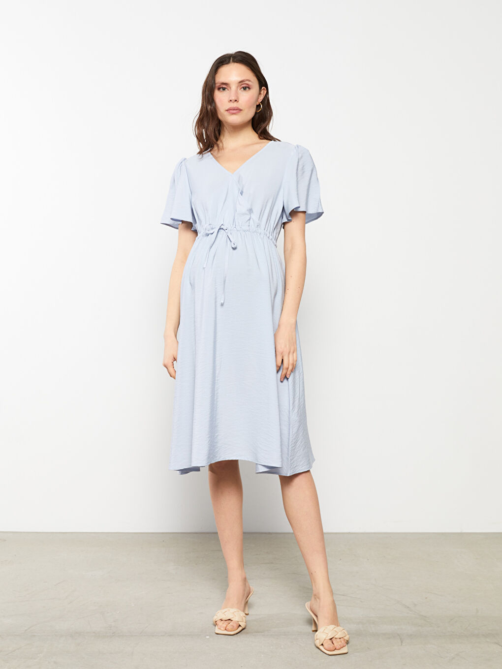 Mavi Kruvaze Yaka Düz Kısa Kollu Hamile Elbise-1