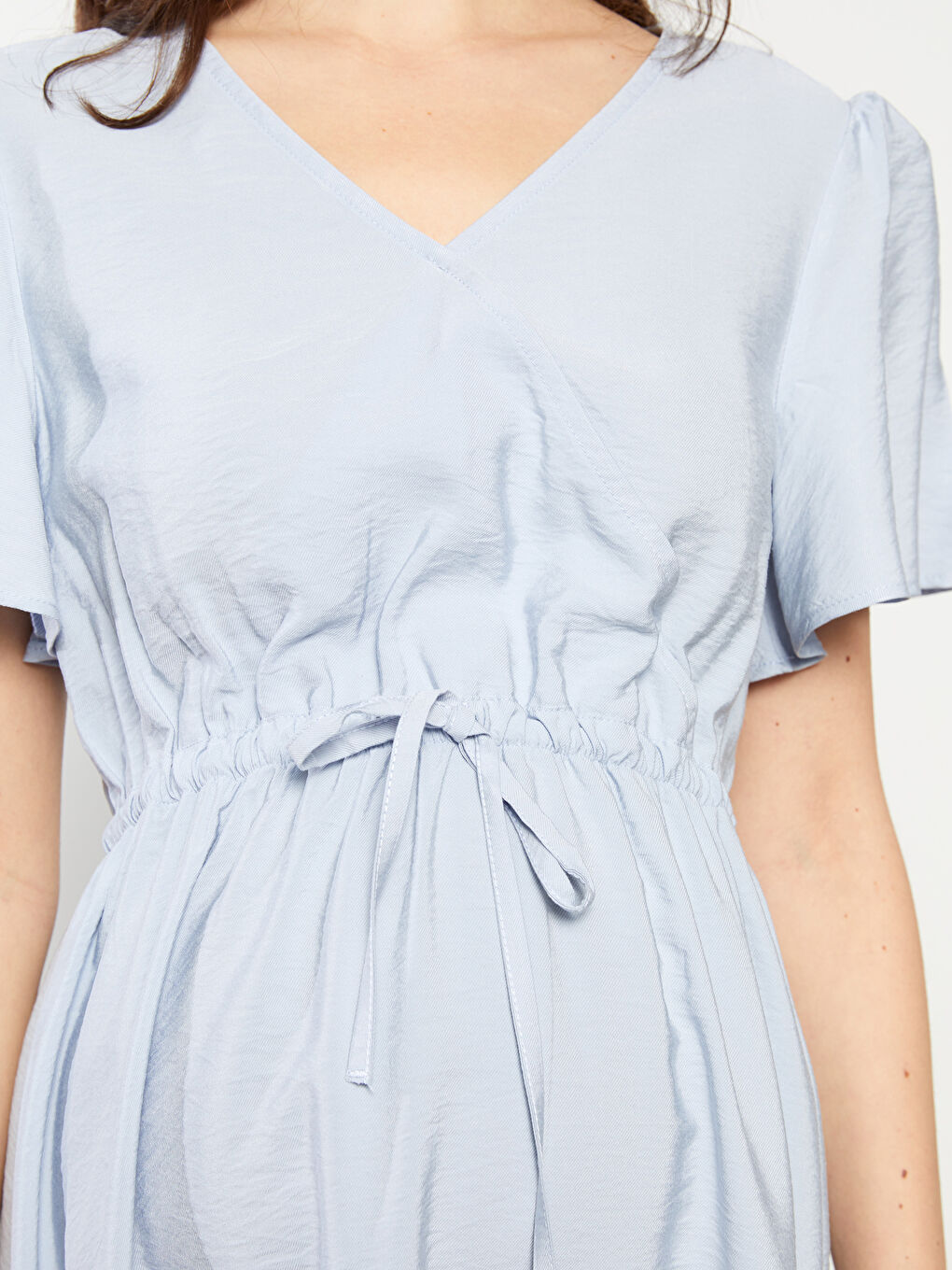 Mavi Kruvaze Yaka Düz Kısa Kollu Hamile Elbise-2