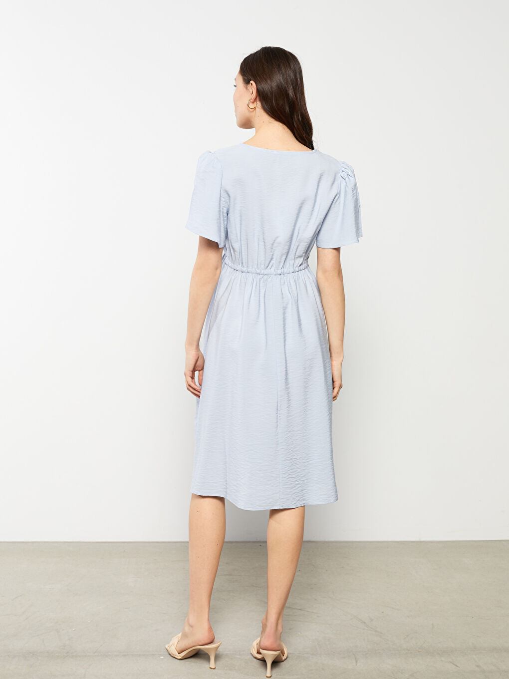 Mavi Kruvaze Yaka Düz Kısa Kollu Hamile Elbise-3