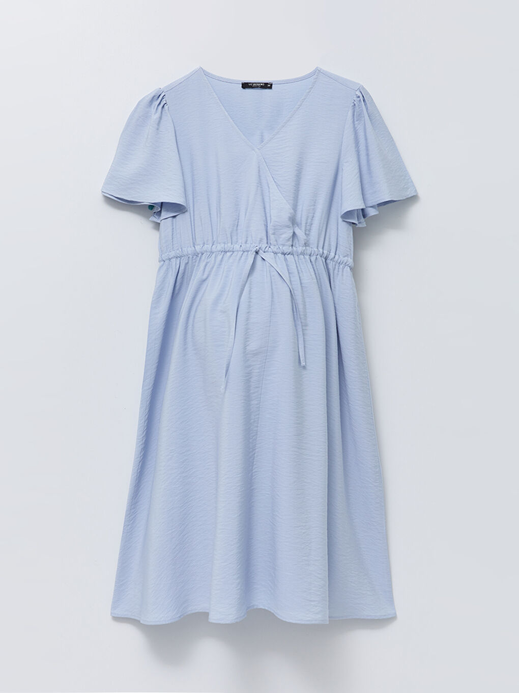 Mavi Kruvaze Yaka Düz Kısa Kollu Hamile Elbise-4