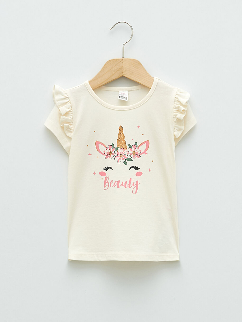 Beyaz Bisiklet Yaka Kısa Kol Baskılı Pamuklu Kız Bebek Tişört