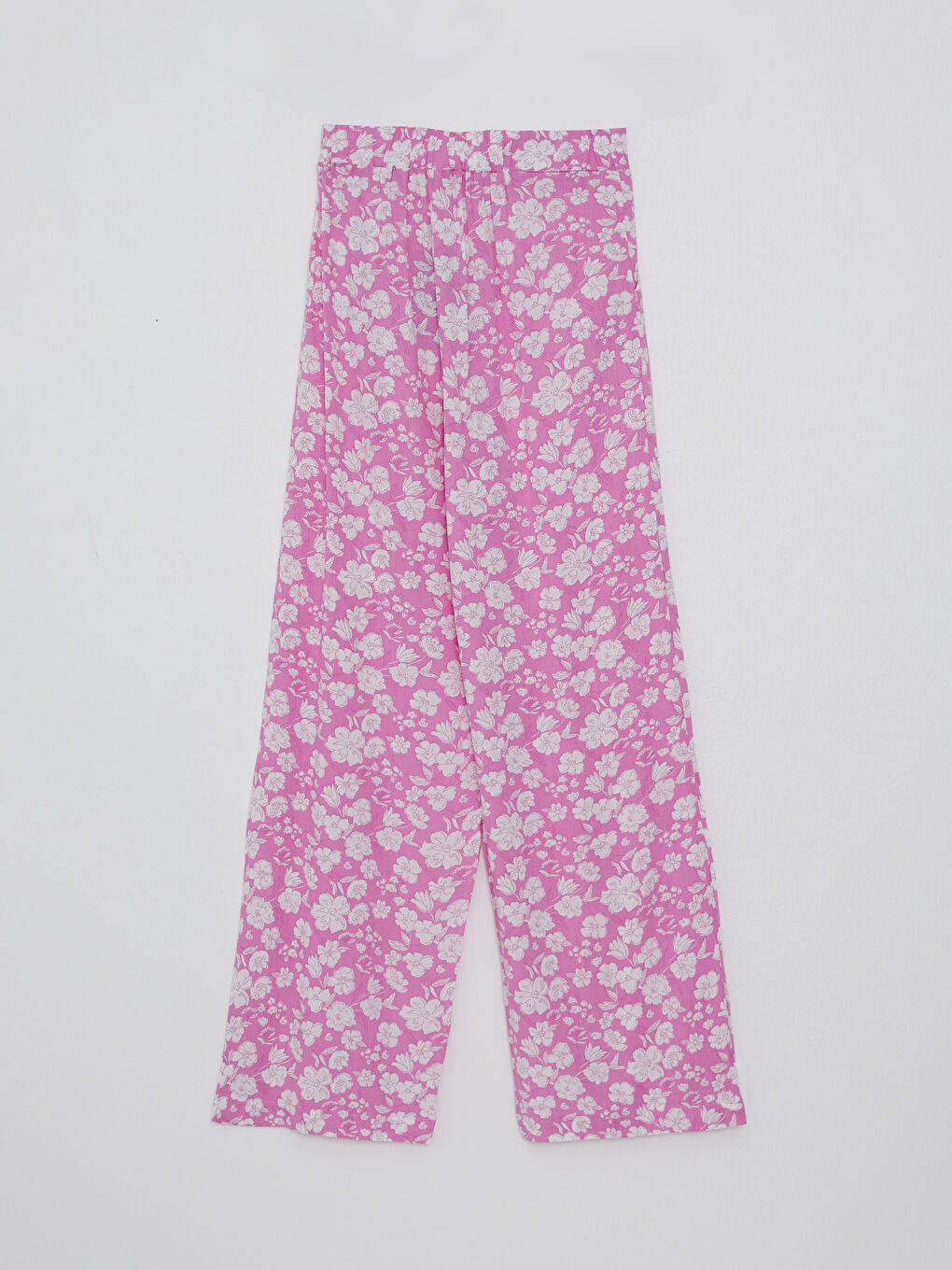 Pembe Beli Lastikli Standart Fit Çiçekli Viskon Kadın Pantolon-6