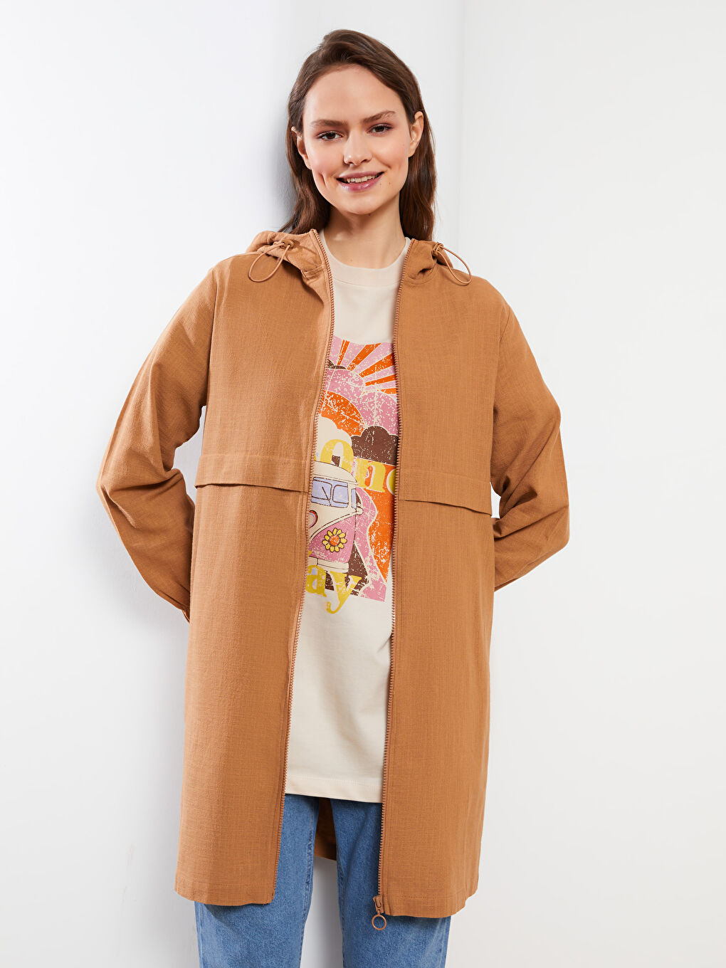 Hooded Plain Long Sleeve Cotton Women Tunic-1