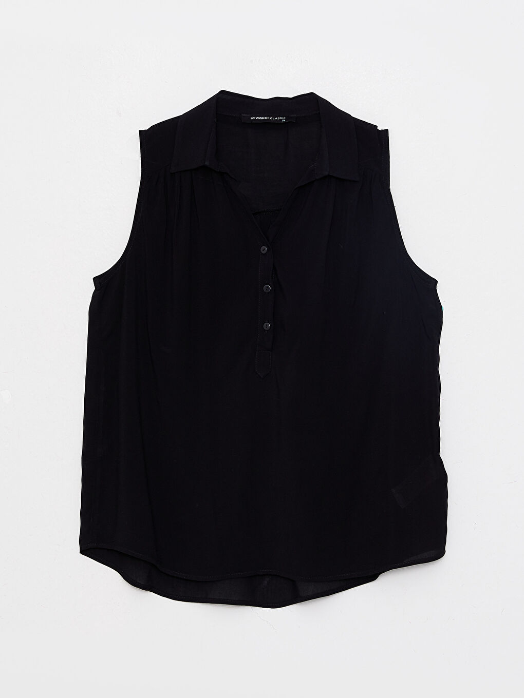 Blouse Sans Manches Froissée Uni Col de Chemise pour Femmes-5