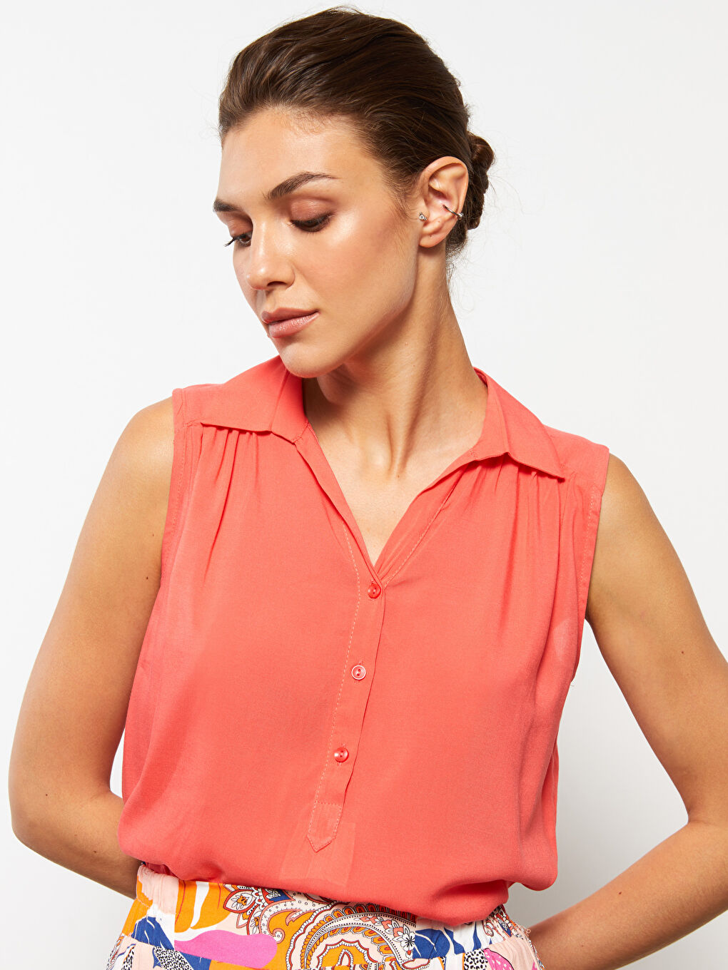 Shirt Collar Plain Sleeveless Crinkle Women's Blouse -S2HM16Z8-H0C