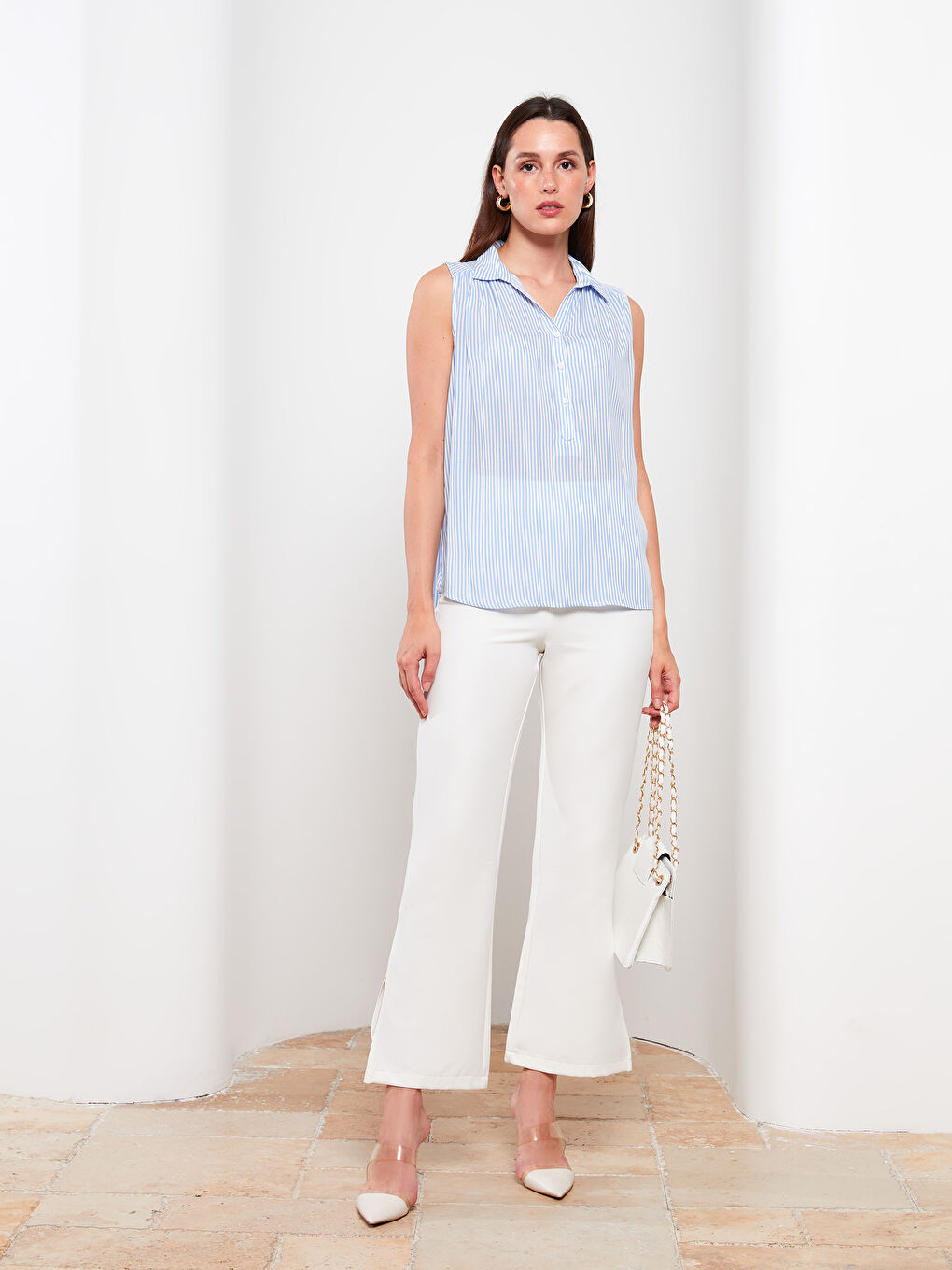 Shirt Collar Striped Sleeveless Viscose Women's Blouse