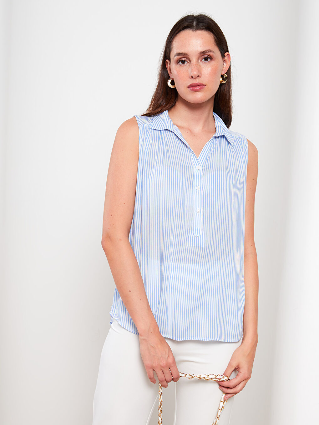Shirt Collar Striped Sleeveless Viscose Women's Blouse-1
