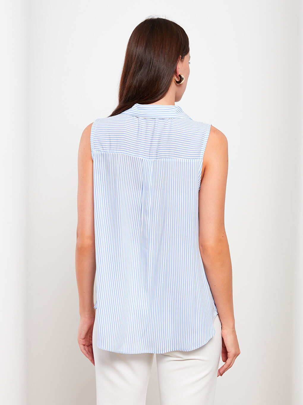 Shirt Collar Striped Sleeveless Viscose Women's Blouse-3