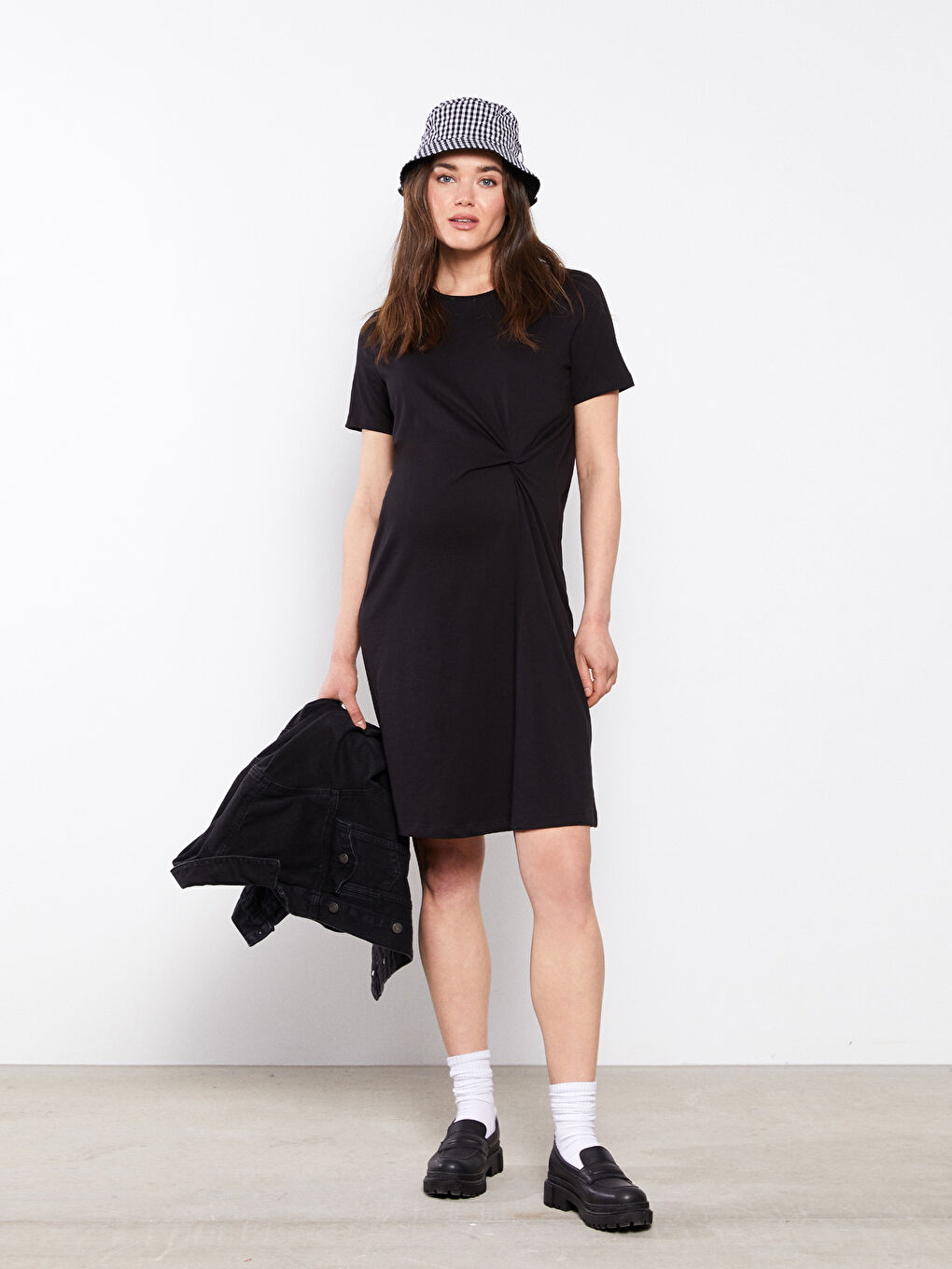 Siyah Bisiklet Yaka Düz Kısa Kollu Pamuklu Hamile Elbise