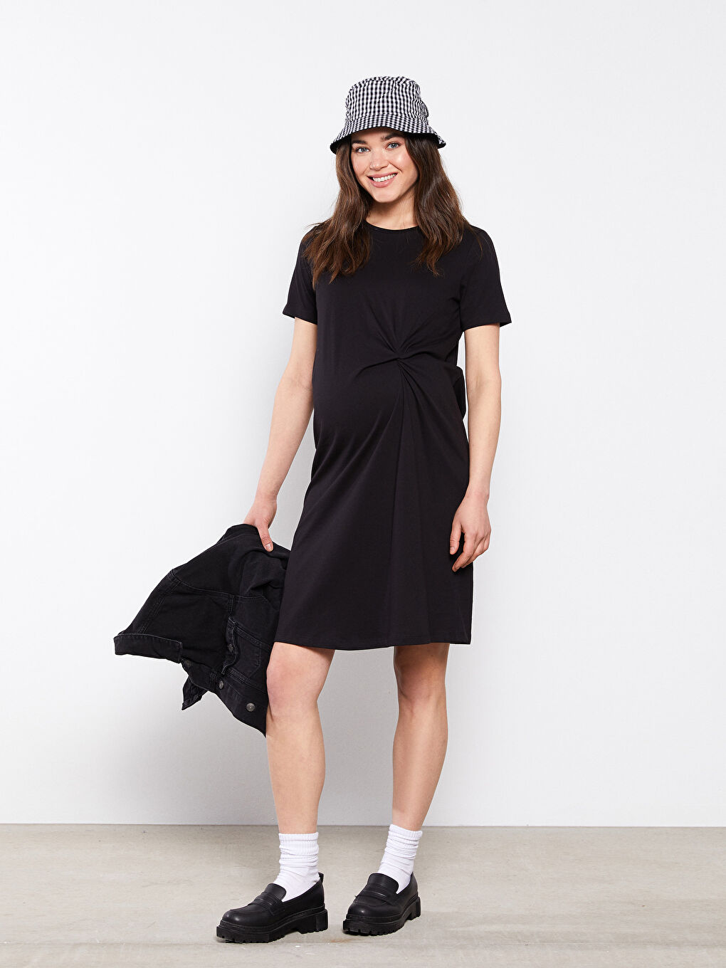 Siyah Bisiklet Yaka Düz Kısa Kollu Pamuklu Hamile Elbise-1