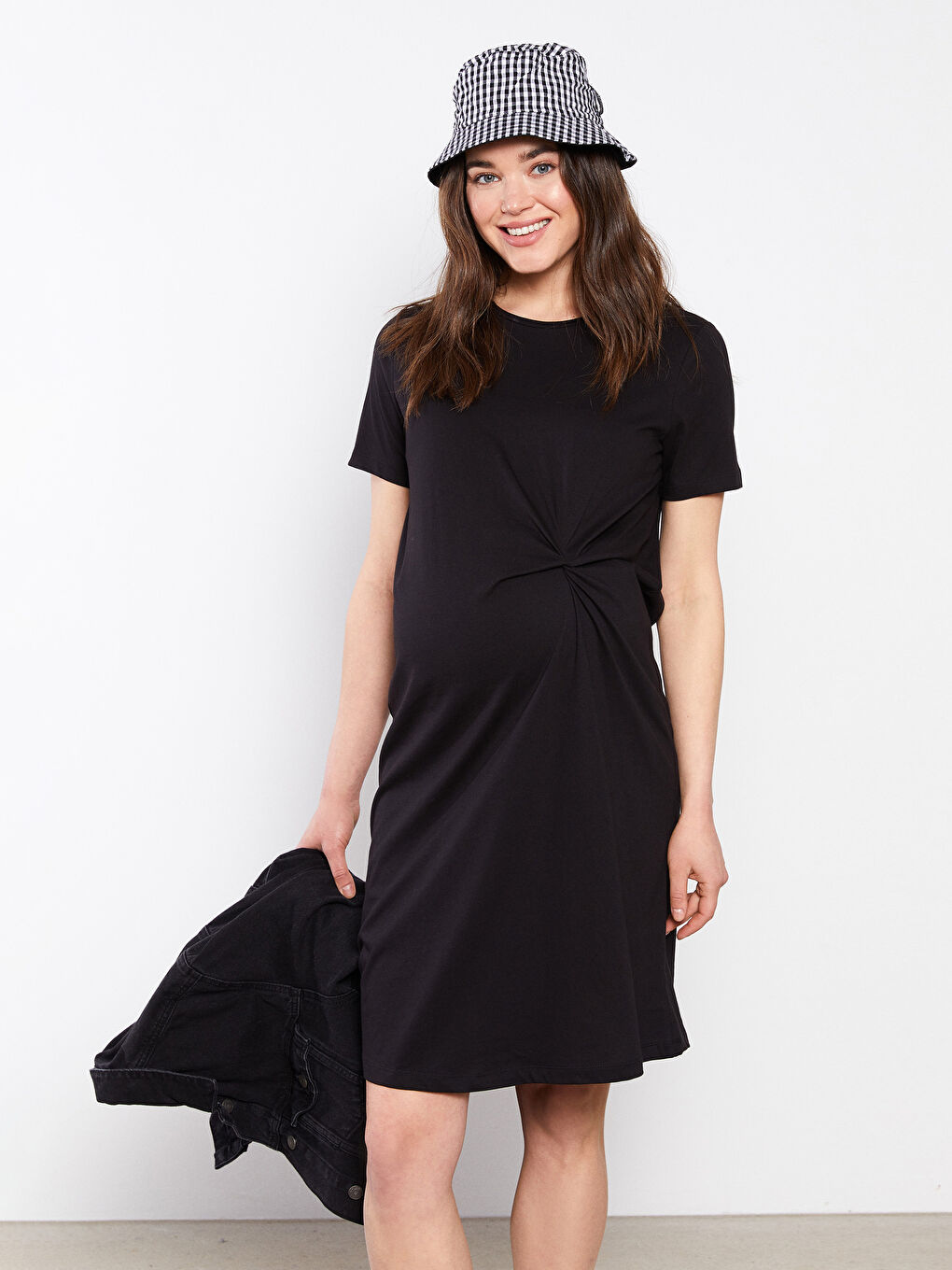 Siyah Bisiklet Yaka Düz Kısa Kollu Pamuklu Hamile Elbise-2