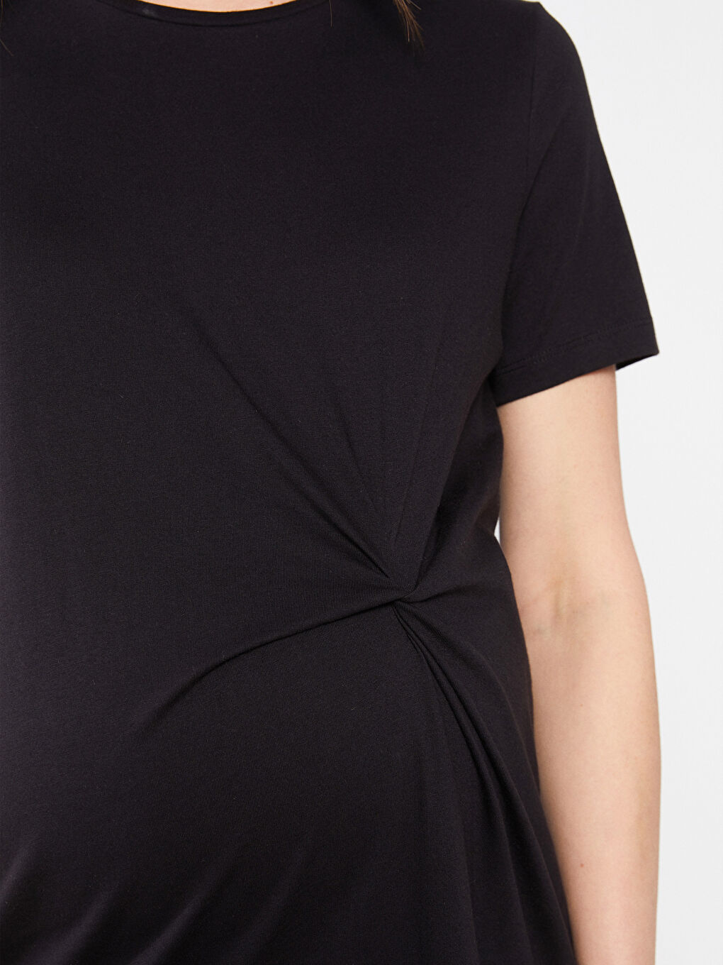 Siyah Bisiklet Yaka Düz Kısa Kollu Pamuklu Hamile Elbise-3