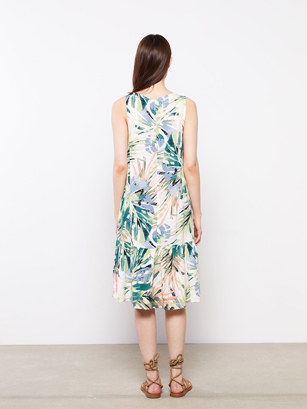 Yeşil Bisiklet Yaka Desenli Kolsuz Viskon Kadın Elbise-4