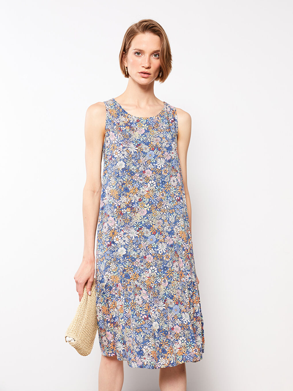 Haljina od viskoze bez rukava sa okruglim izrezom i cvetnim dezenom za žene