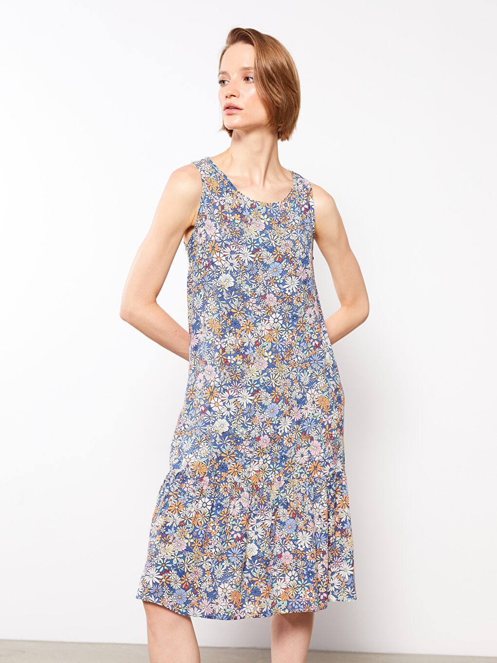 Haljina od viskoze bez rukava sa okruglim izrezom i cvetnim dezenom za žene-2