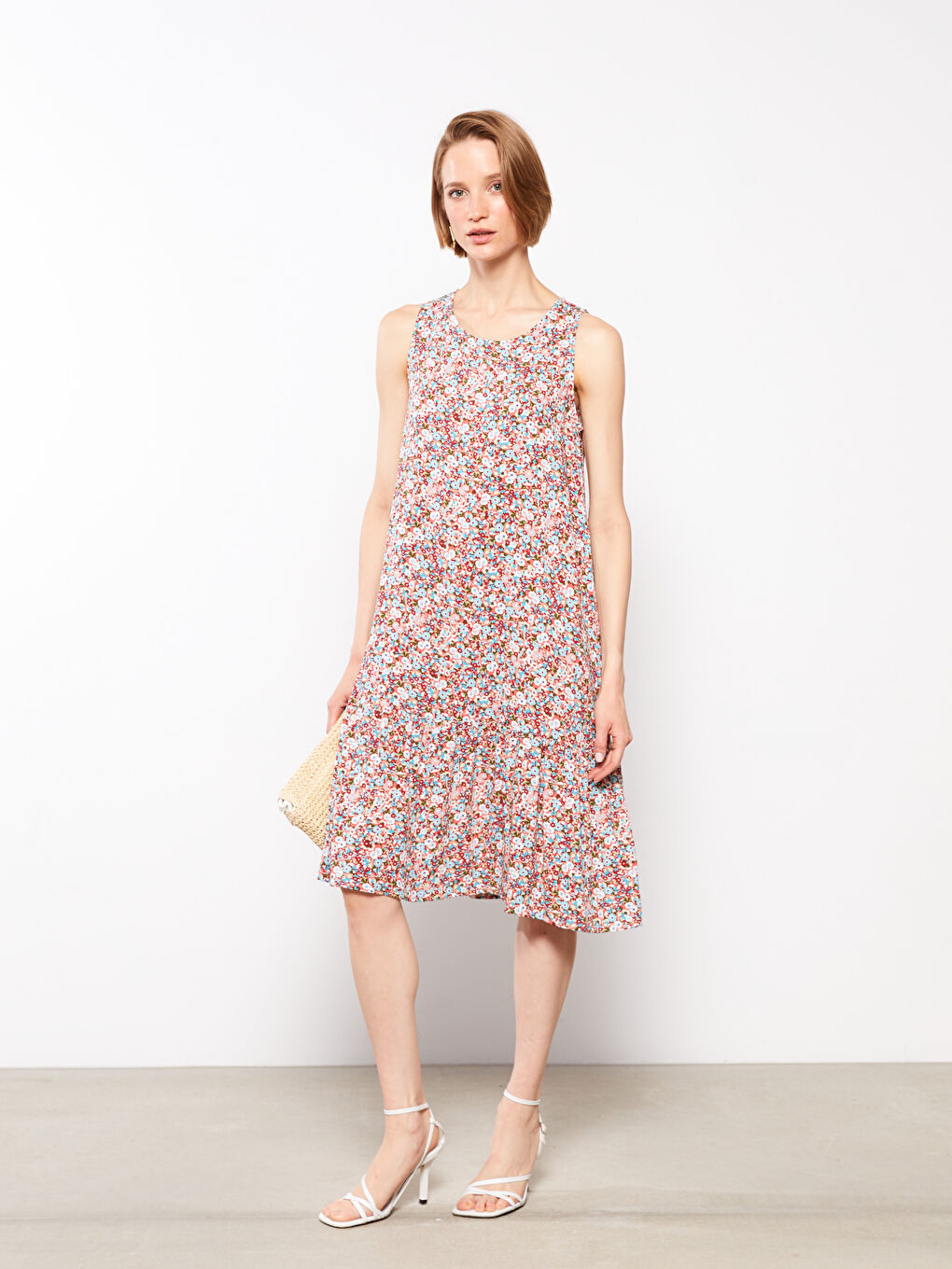 Haljina od viskoze bez rukava sa okruglim izrezom i cvetnim dezenom za žene-1