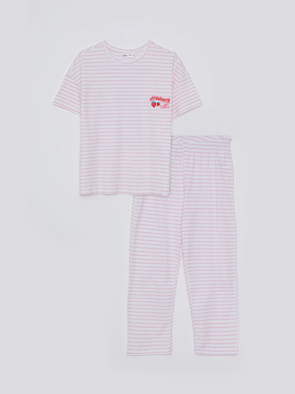 Pembe Bisiklet Yaka Çizgili Kısa Kollu Pamuklu Kadın Pijama Takımı-6