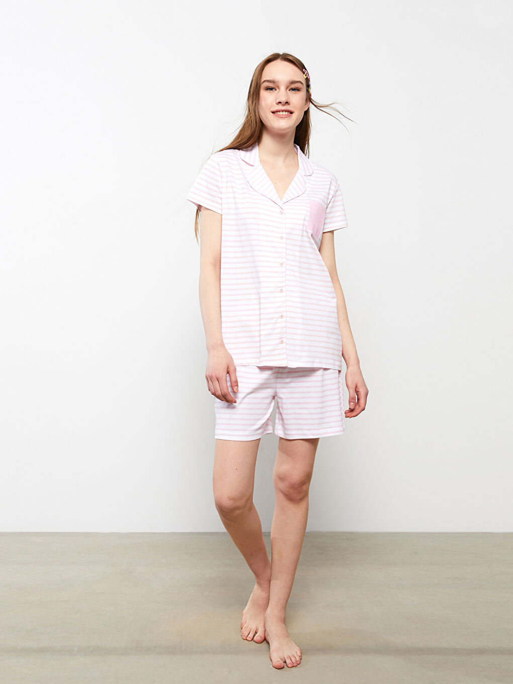 Shirt Collar Striped Short Sleeve Cotton Women's Pajamas Set-1