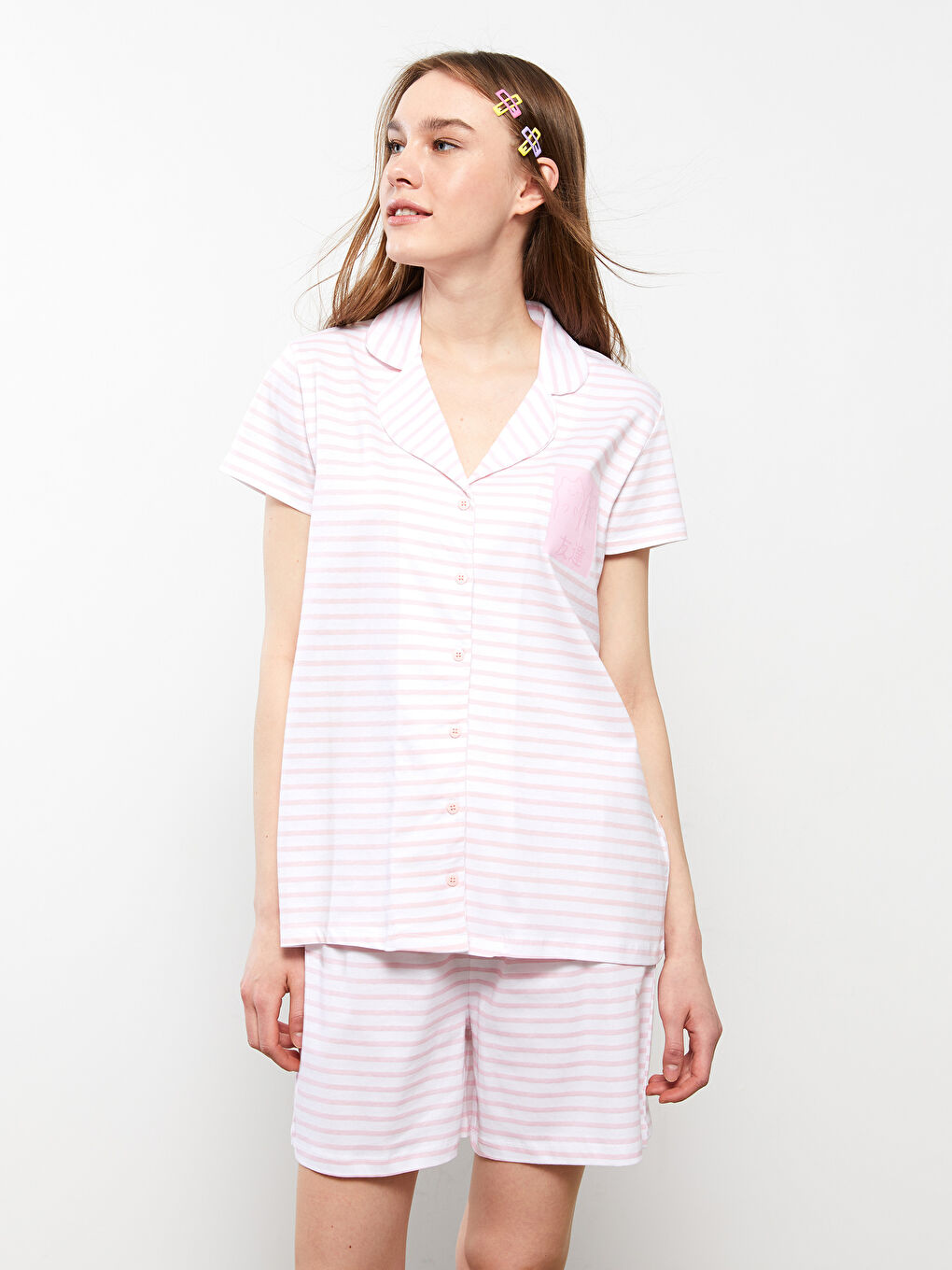 Shirt Collar Striped Short Sleeve Cotton Women's Pajamas Set-2