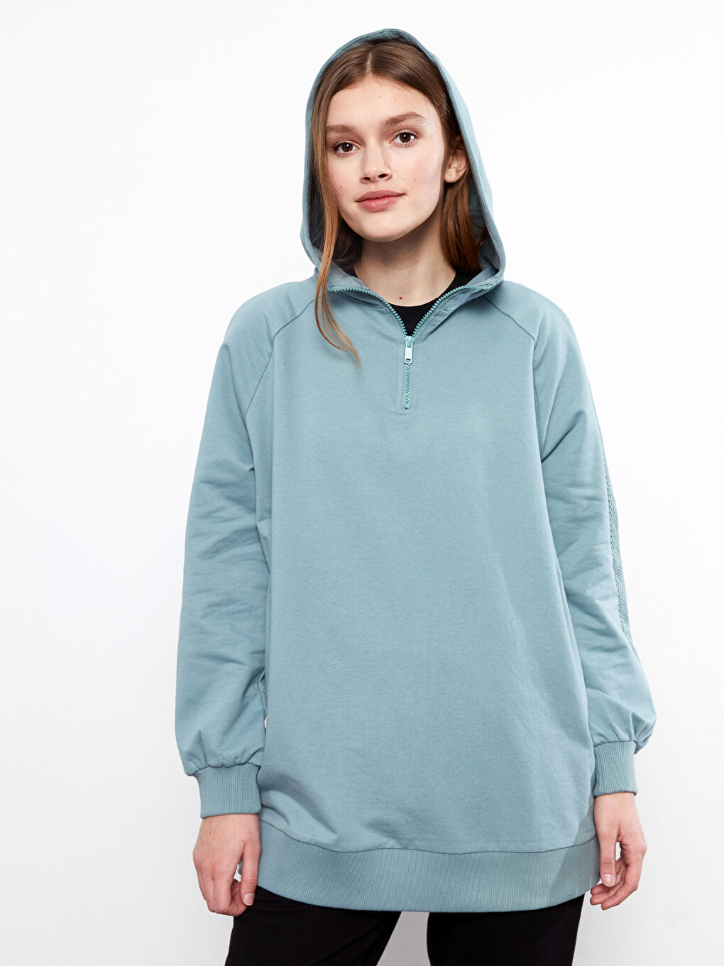 LCW Modest Nane Yeşili Kapüşonlu Düz Uzun Kollu Kadın Sweatshirt Tunik - 2