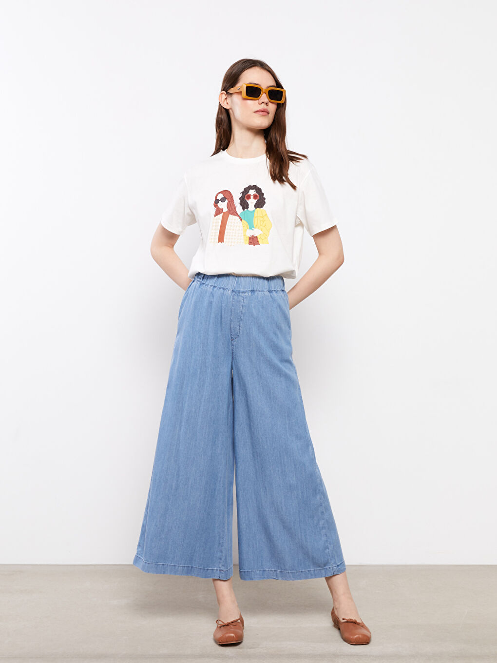 İndigo Beli Lastikli Düz Geniş Paça Kadın Rodeo Jean Pantolon