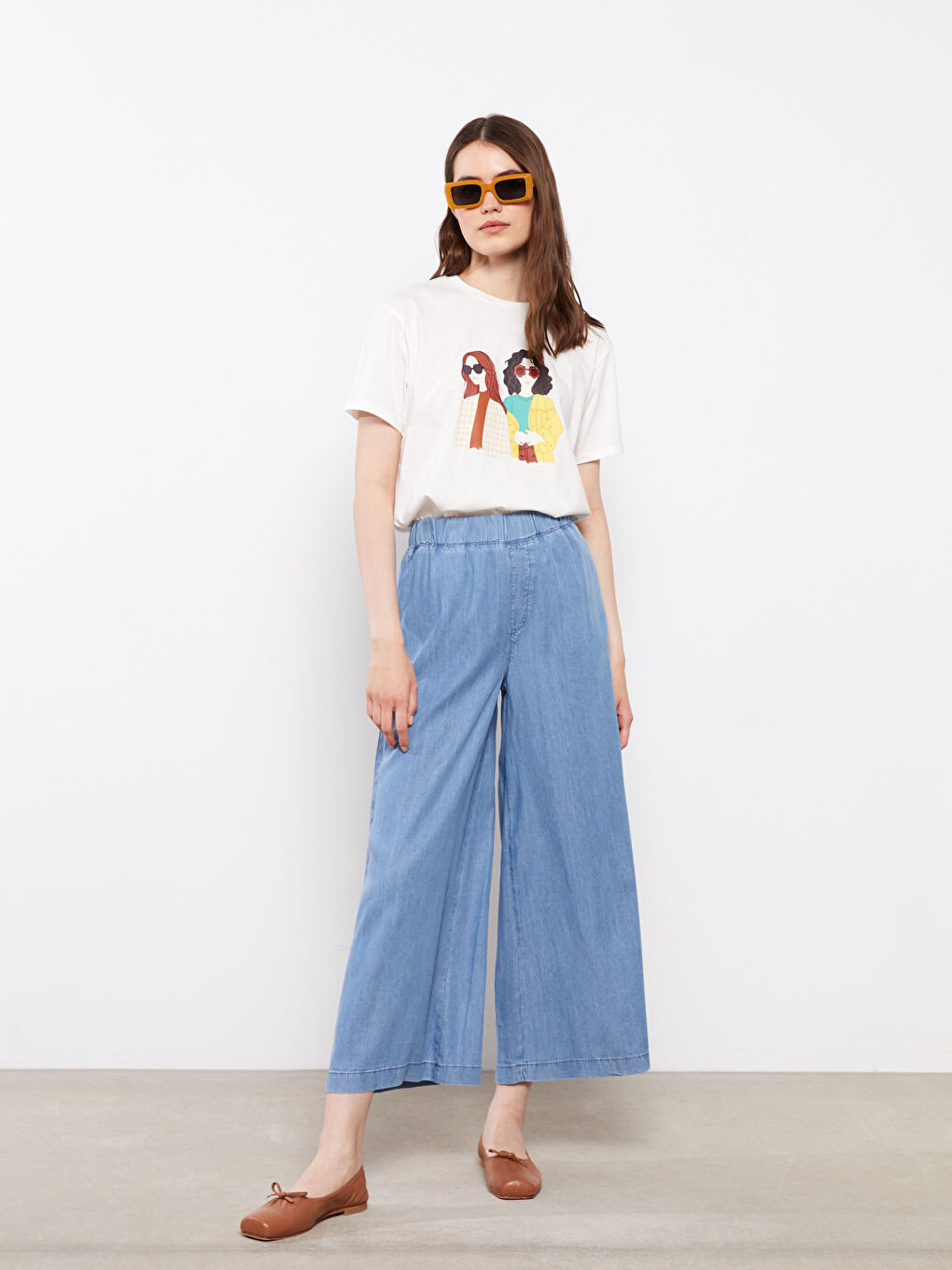 İndigo Beli Lastikli Düz Geniş Paça Kadın Rodeo Jean Pantolon-1