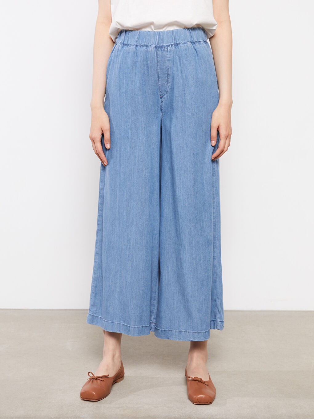 İndigo Beli Lastikli Düz Geniş Paça Kadın Rodeo Jean Pantolon-3