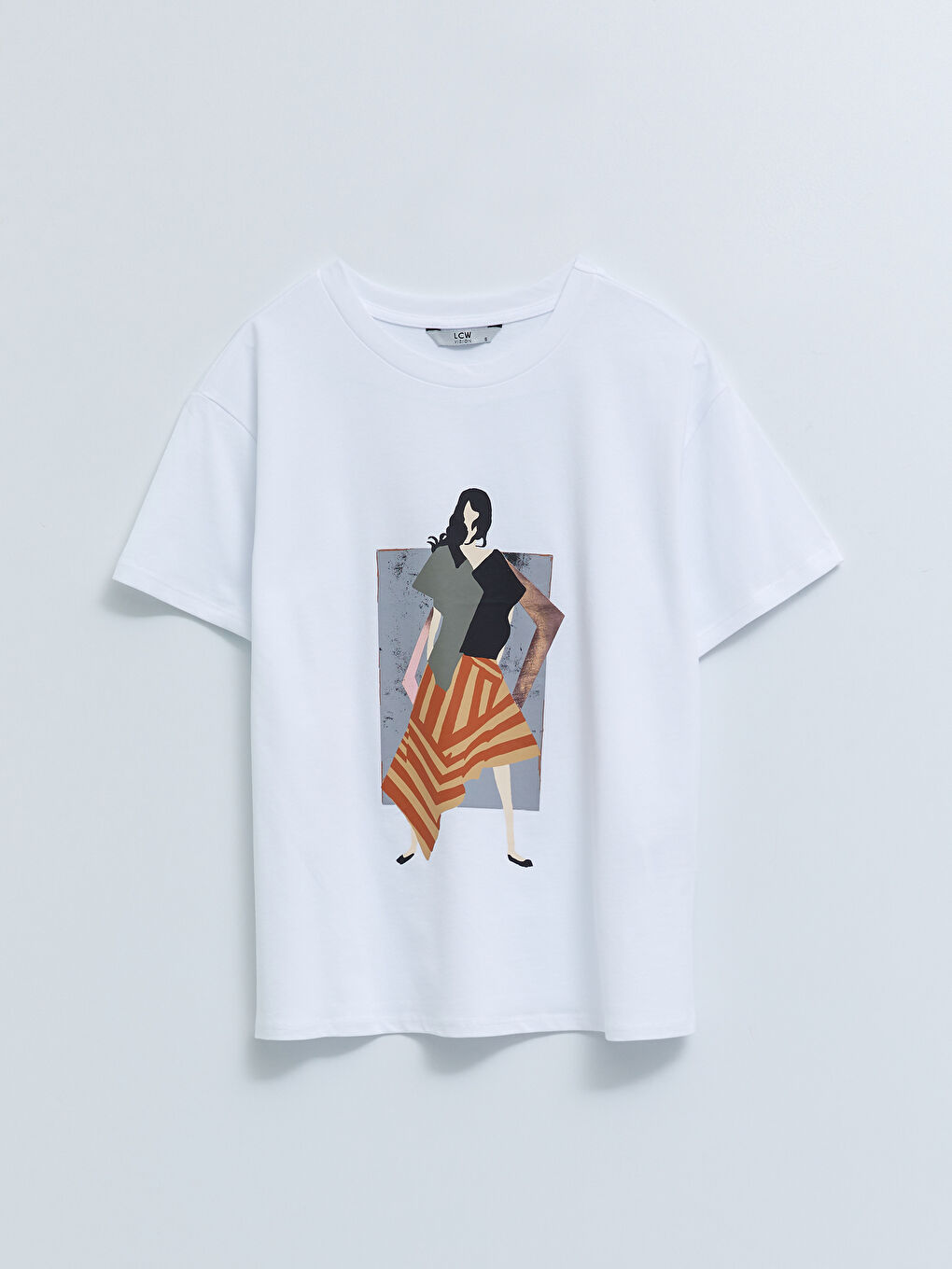 Beyaz Bisiklet Yaka Baskılı Kısa Kollu Pamuklu Kadın Tişört-5