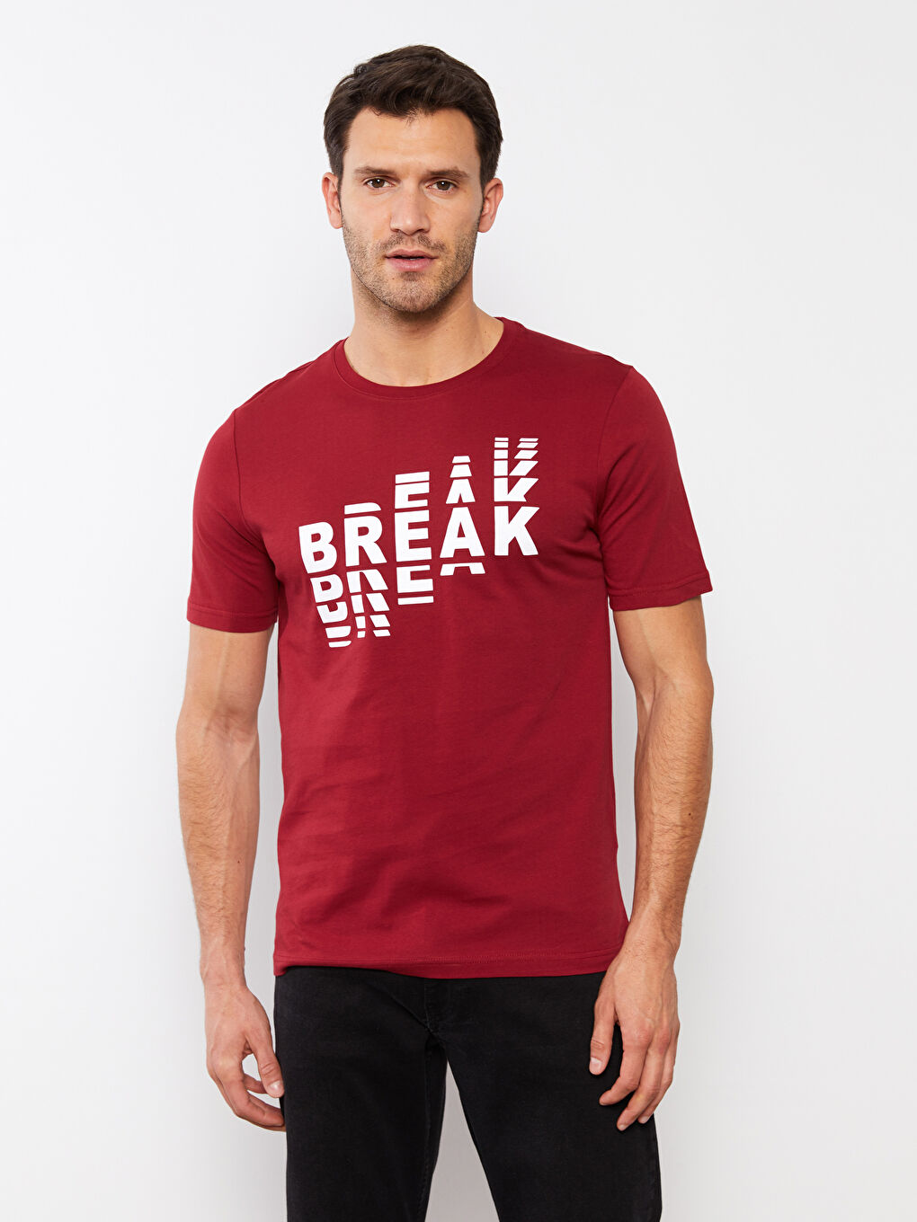 Bordo Bisiklet Yaka Kısa Kollu Baskılı Penye Erkek Tişört