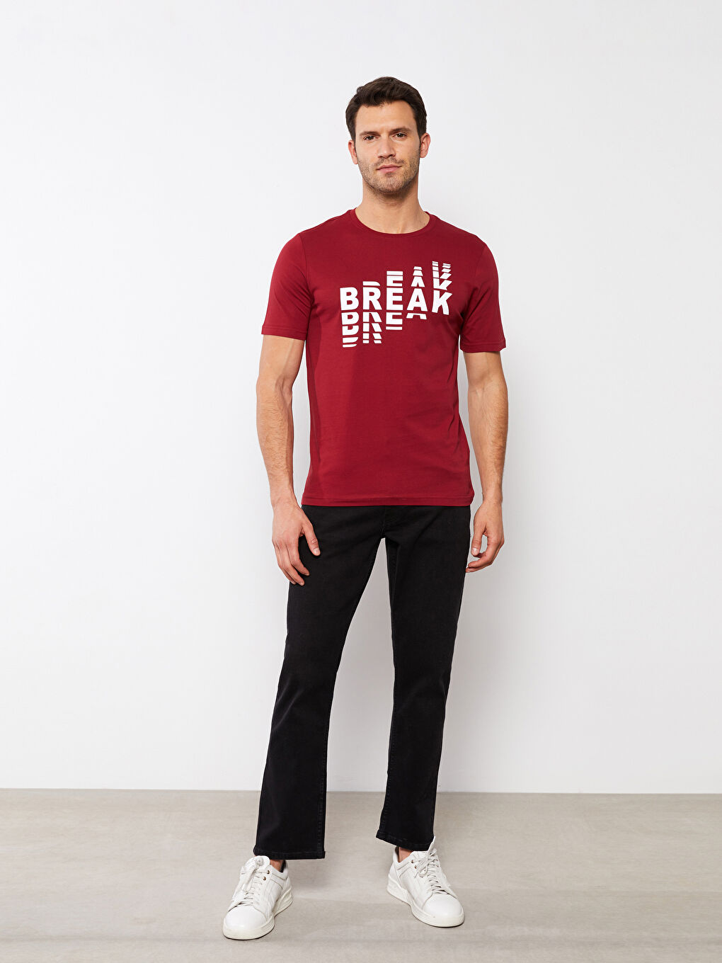 Bordo Bisiklet Yaka Kısa Kollu Baskılı Penye Erkek Tişört-1