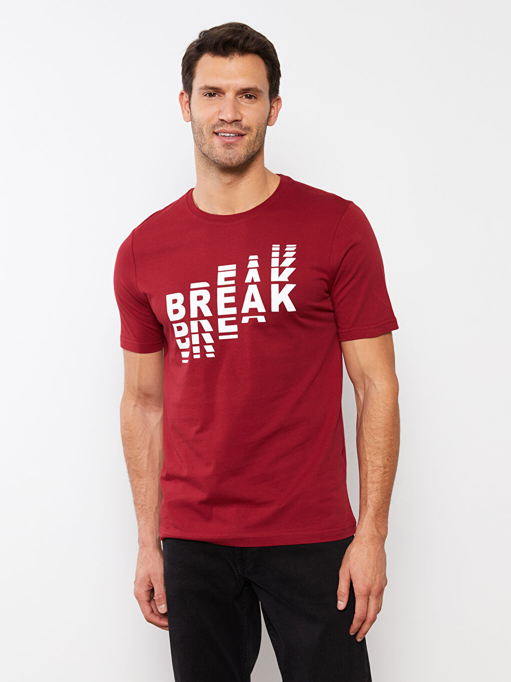 Bordo Bisiklet Yaka Kısa Kollu Baskılı Penye Erkek Tişört-2