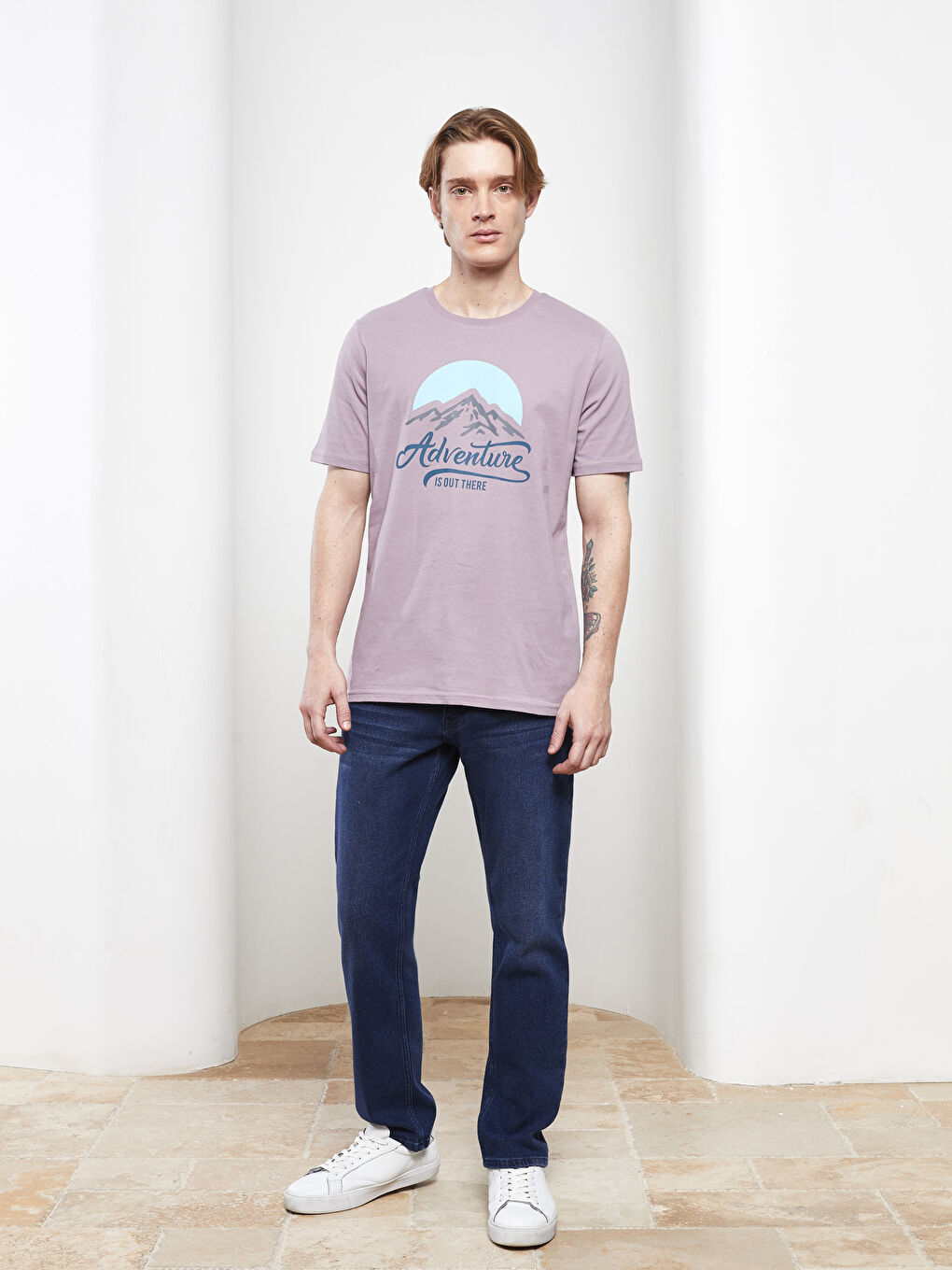 Lila Bisiklet Yaka Kısa Kollu Baskılı Penye Erkek Tişört-2