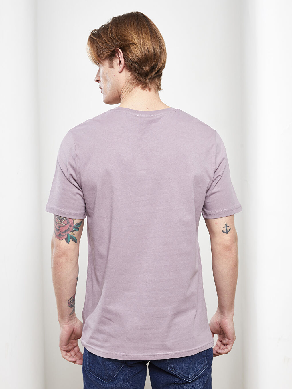 Lila Bisiklet Yaka Kısa Kollu Baskılı Penye Erkek Tişört-4