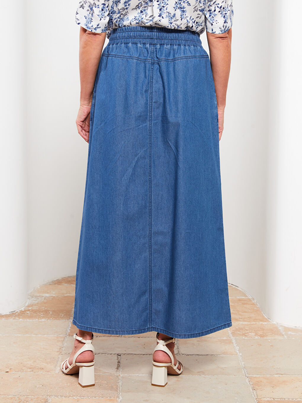 Bej Kadın Beli Lastikli Düz Jean Etek-5