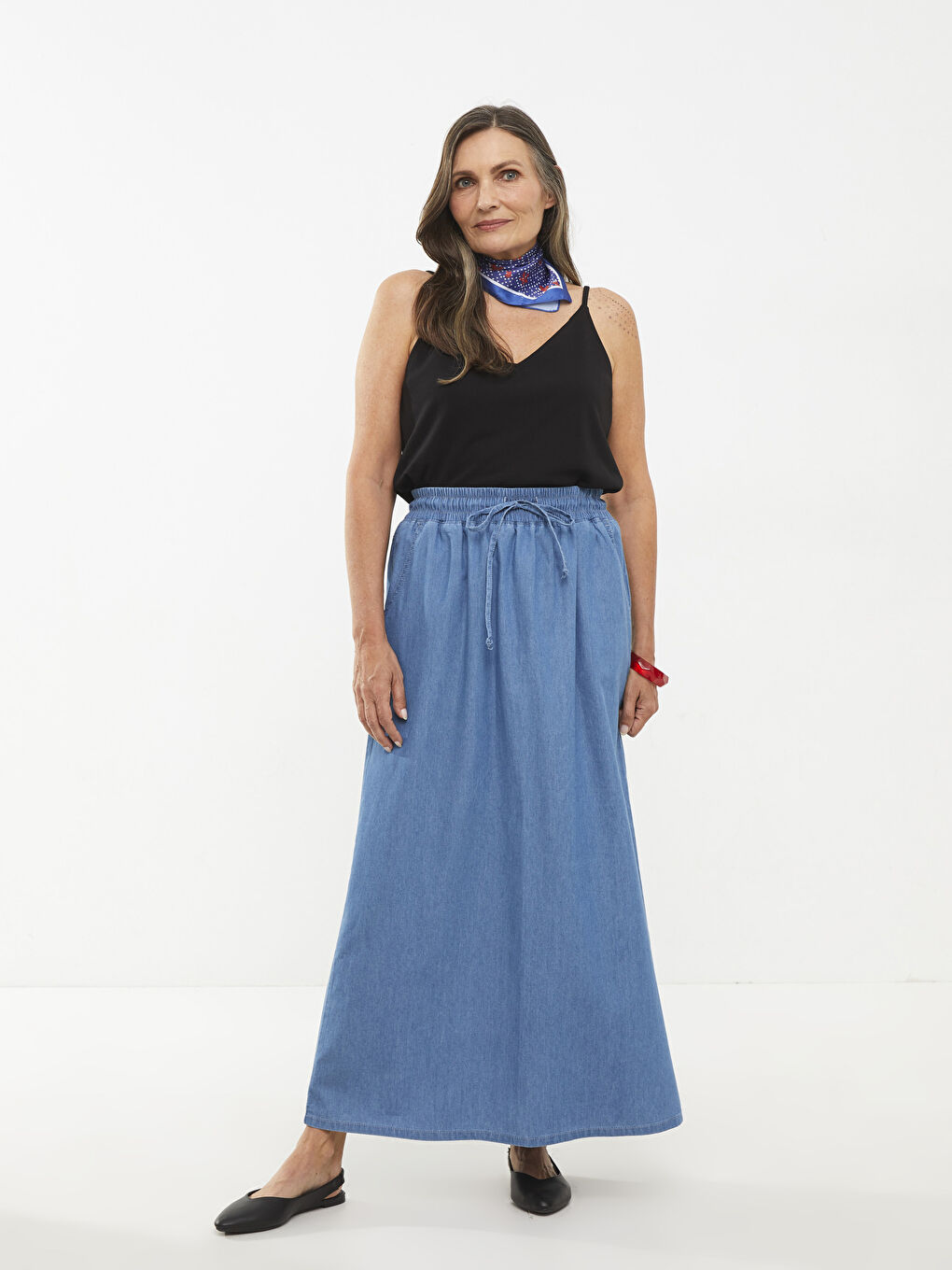 Bej Kadın Beli Lastikli Düz Jean Etek