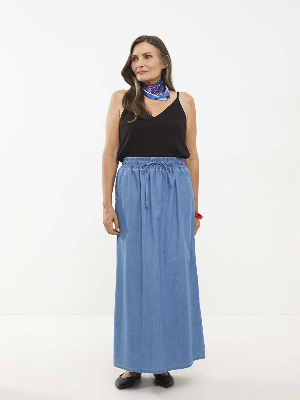 Bej Kadın Beli Lastikli Düz Jean Etek-1