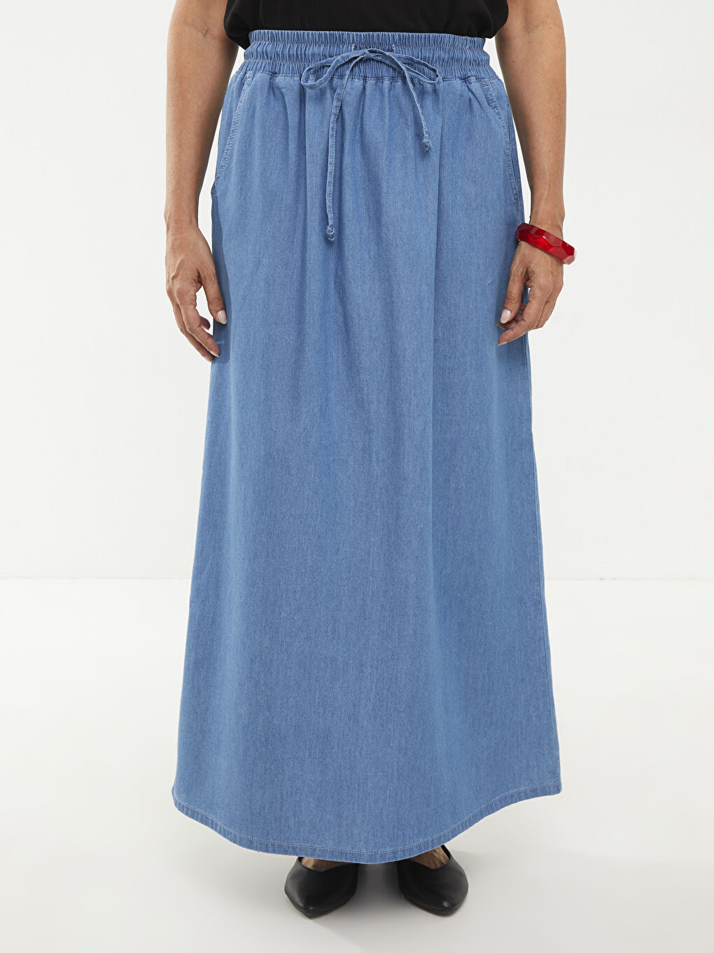 Bej Kadın Beli Lastikli Düz Jean Etek-2