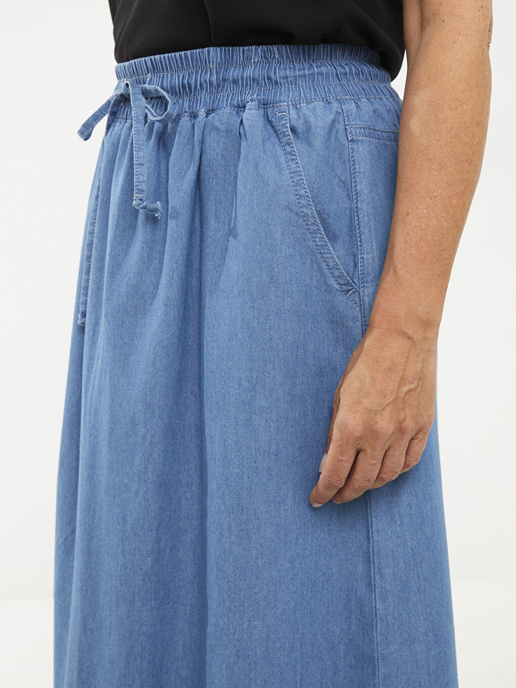 Bej Kadın Beli Lastikli Düz Jean Etek-3