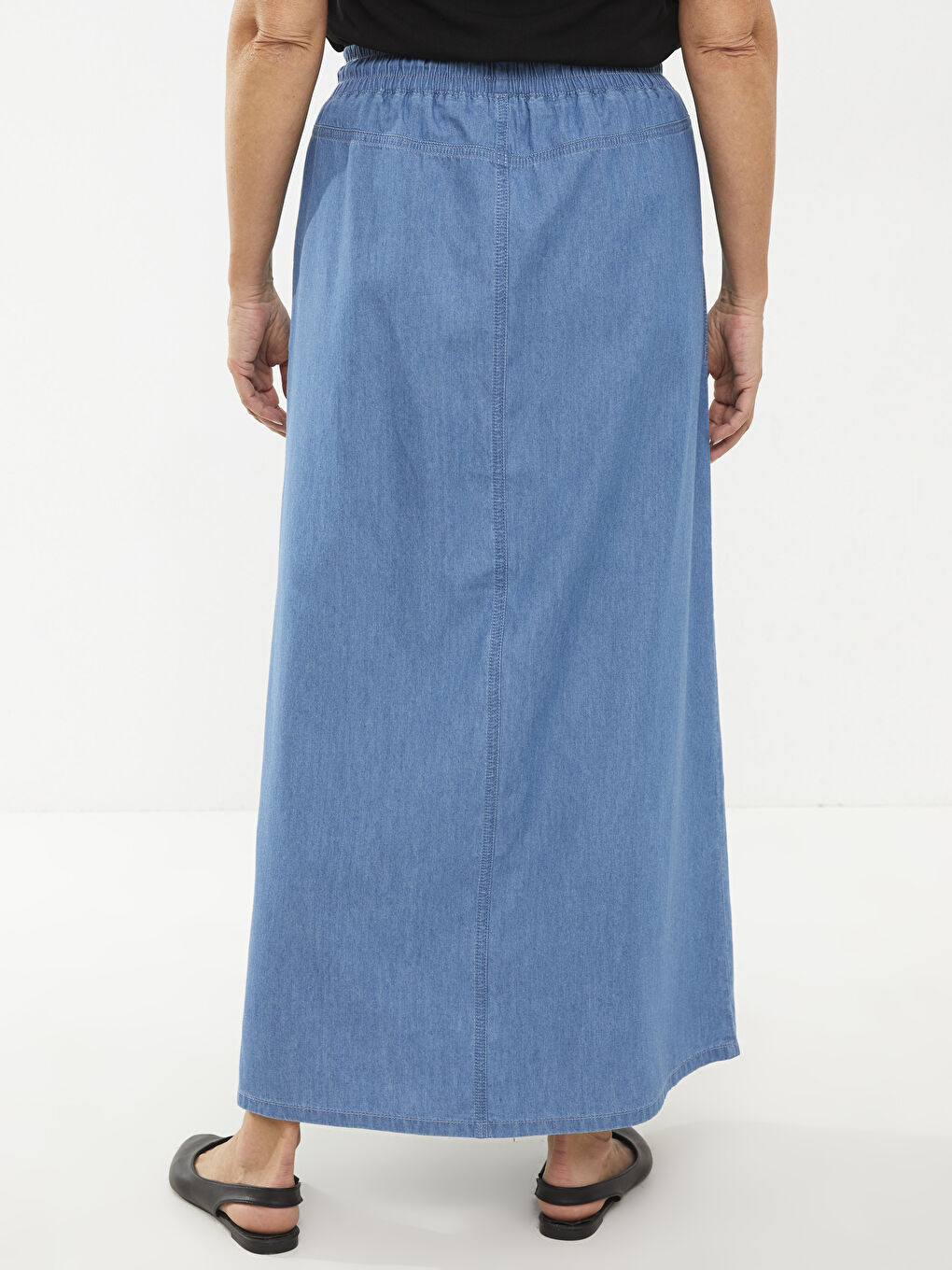 Bej Kadın Beli Lastikli Düz Jean Etek-4